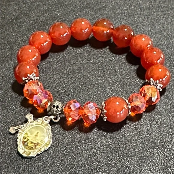 Cornelian & Orange Faceted Crystal Miraculous Charm & Cross Stretch Bracelet - Picture 2 of 12